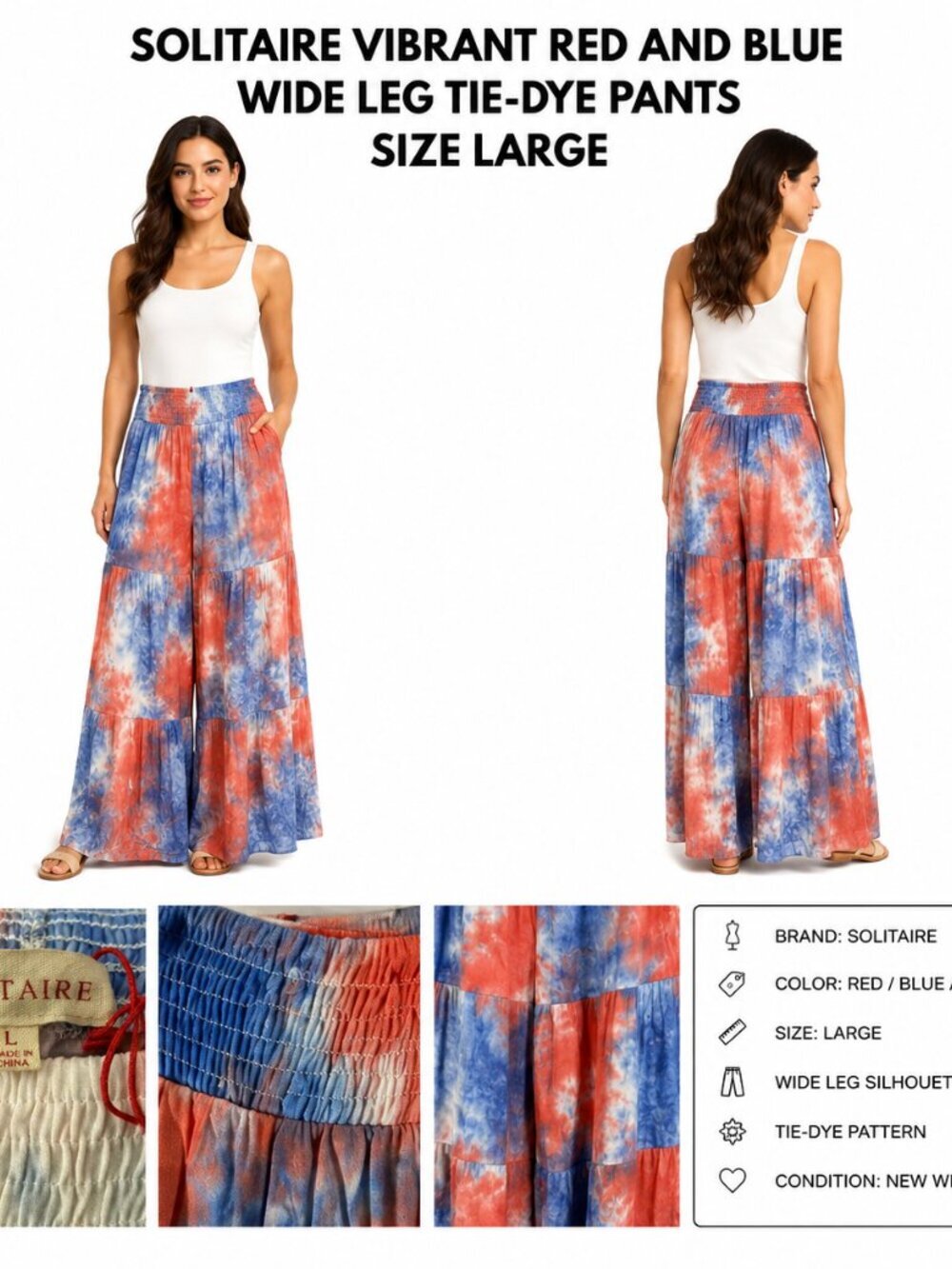 SOLITAIRE RED BLUE TIE DYE WIDE LEG PANTS SIZE L NWT